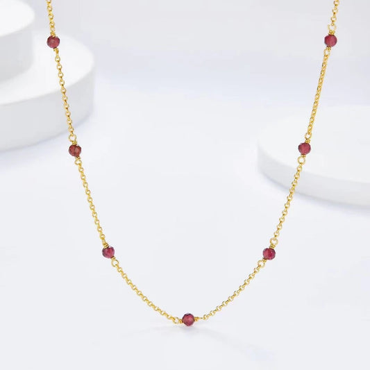 Silver Gold Plated Garnet Spaced Bead Station Necklace