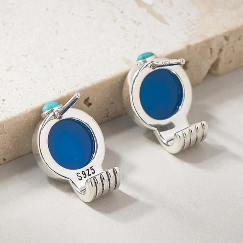 Silver Blue Agate Little White Horse Ear Studs
