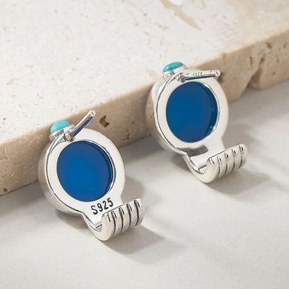 Silver Blue Agate Little White Horse Ear Studs
