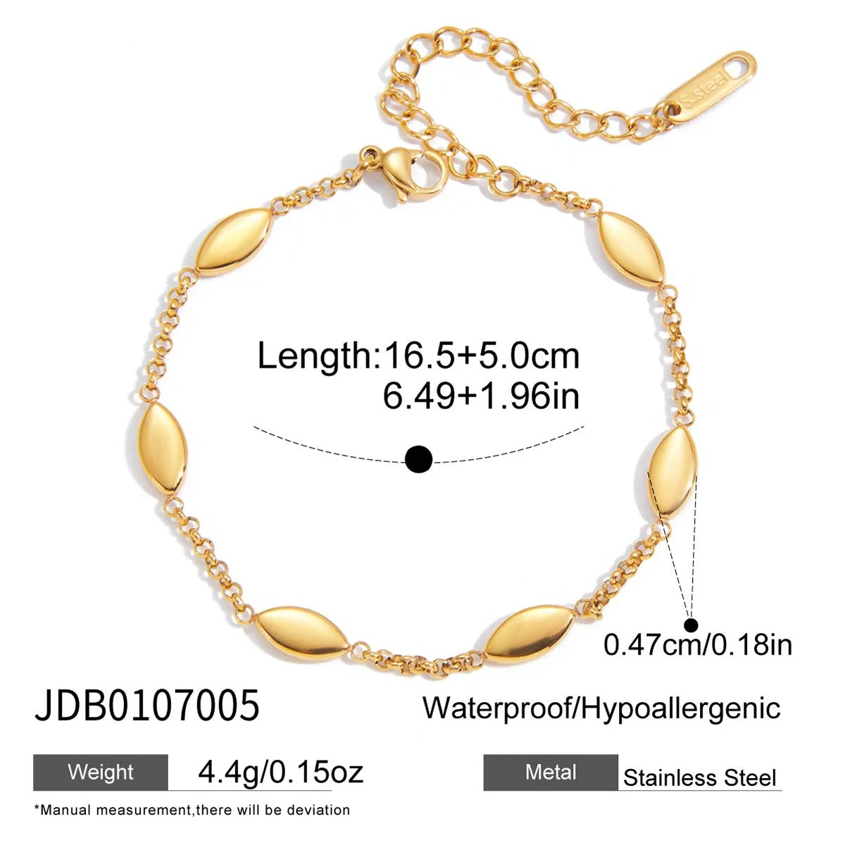 18K Gold Horse Eye Link Chain Bracelet Waterproof Stainless Steel
