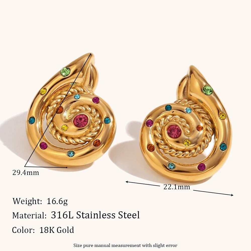 Waterproof 18K Gold Plated Twist Snail Earrings, Stainless Steel Studs