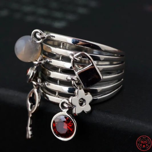 Silver Key Lock Zircon Ring