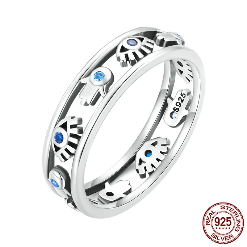 925 Sterling Silver Hollow-out Symbol Fatima's Hand Devil Eye Ring