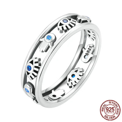 925 Sterling Silver Hollow-out Symbol Fatima's Hand Devil Eye Ring