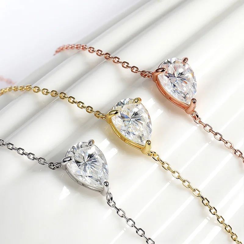 2 Gem Silver Pear Cut Moissanite Stone Necklaces