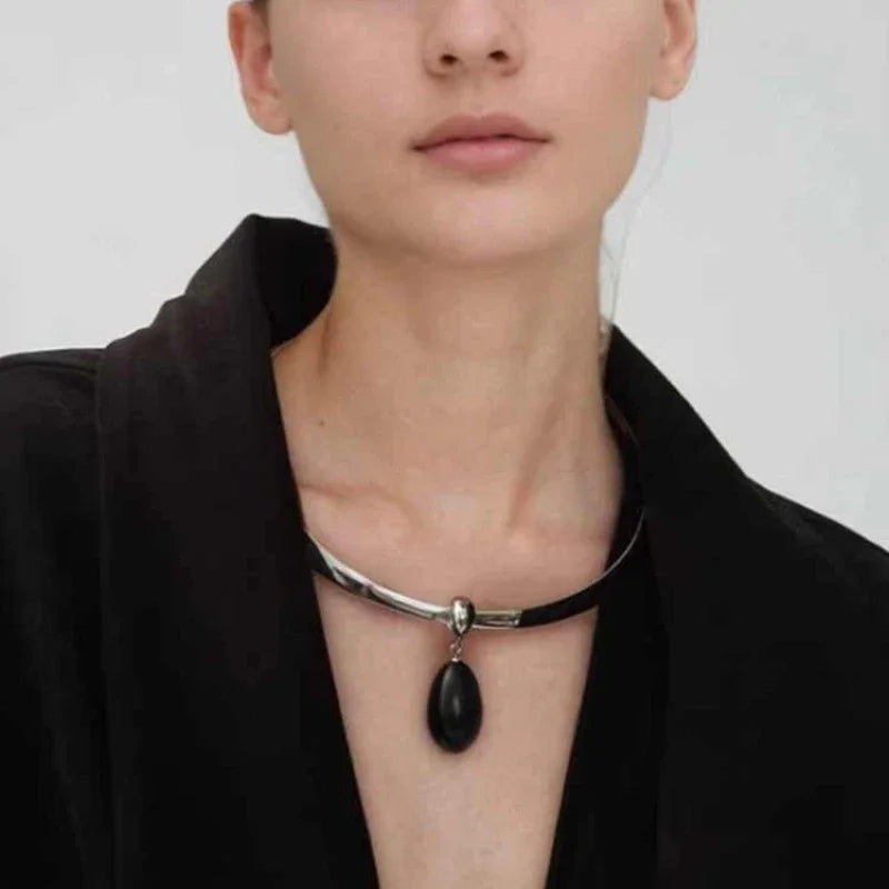 Obsidian Pendant Necklace Set — Choker and Earrings