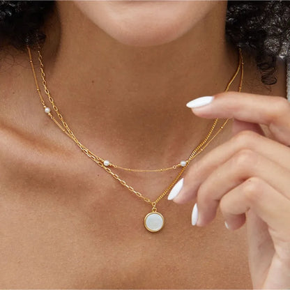 Mother Of Pearl Onyx Silver Double Side Round Disc Pendant Necklace