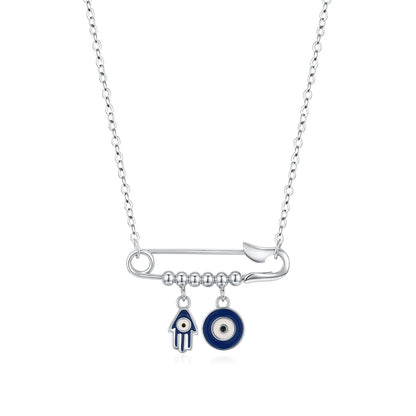 Silver Blue Enamel Eyes & Palm Charms Pendant Necklace