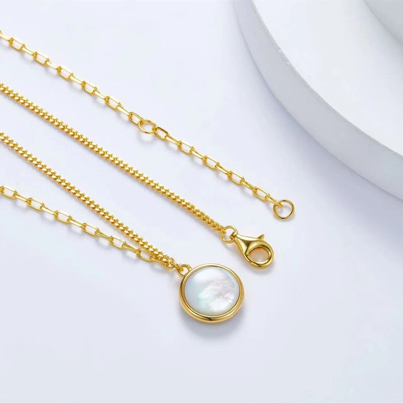 Mother Of Pearl Onyx Silver Double Side Round Disc Pendant Necklace