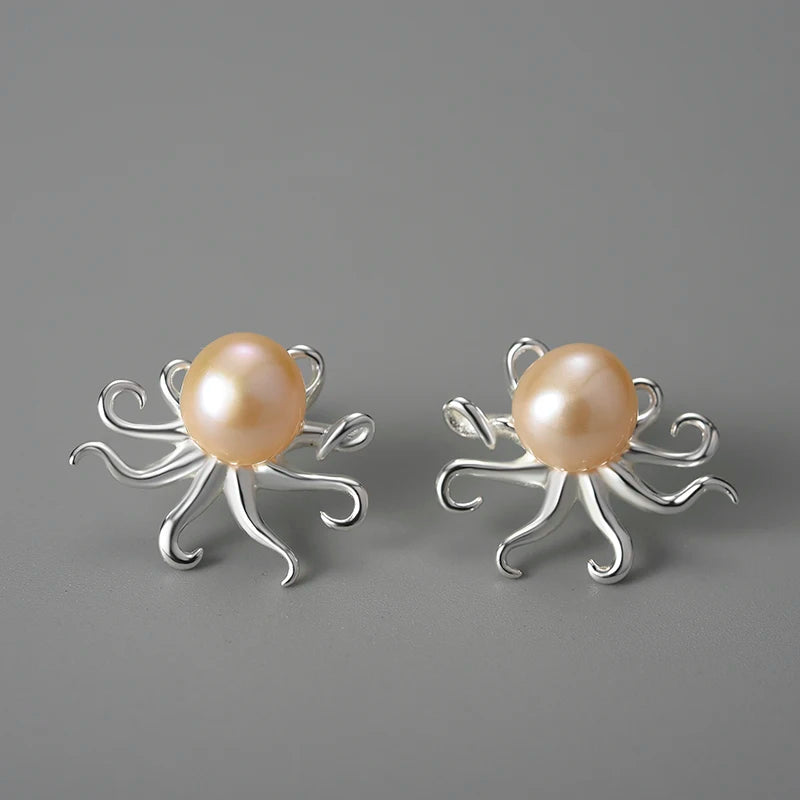 Octopus 925 Sterling Silver Natural Pearl Stud Earrings