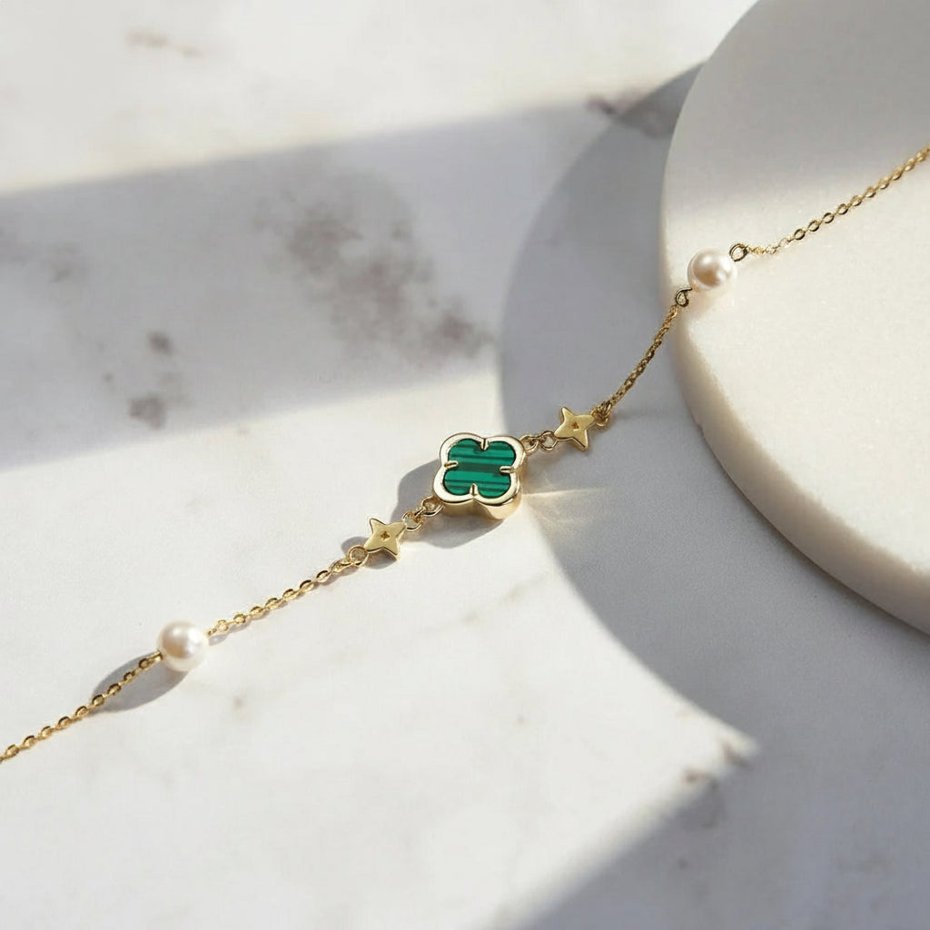 Silver Green Shell Four-Leaf Clover Bracelet O-Chain With Pearl