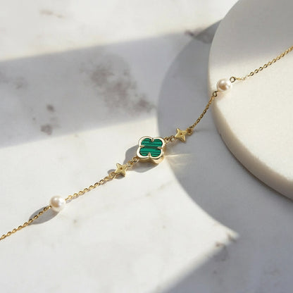 Silver Green Shell Four-Leaf Clover Bracelet O-Chain With Pearl
