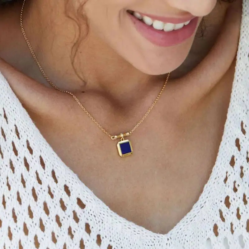 Silver 18K Gold Malachite Lapis Lazuli Square Pendant Choker Necklace