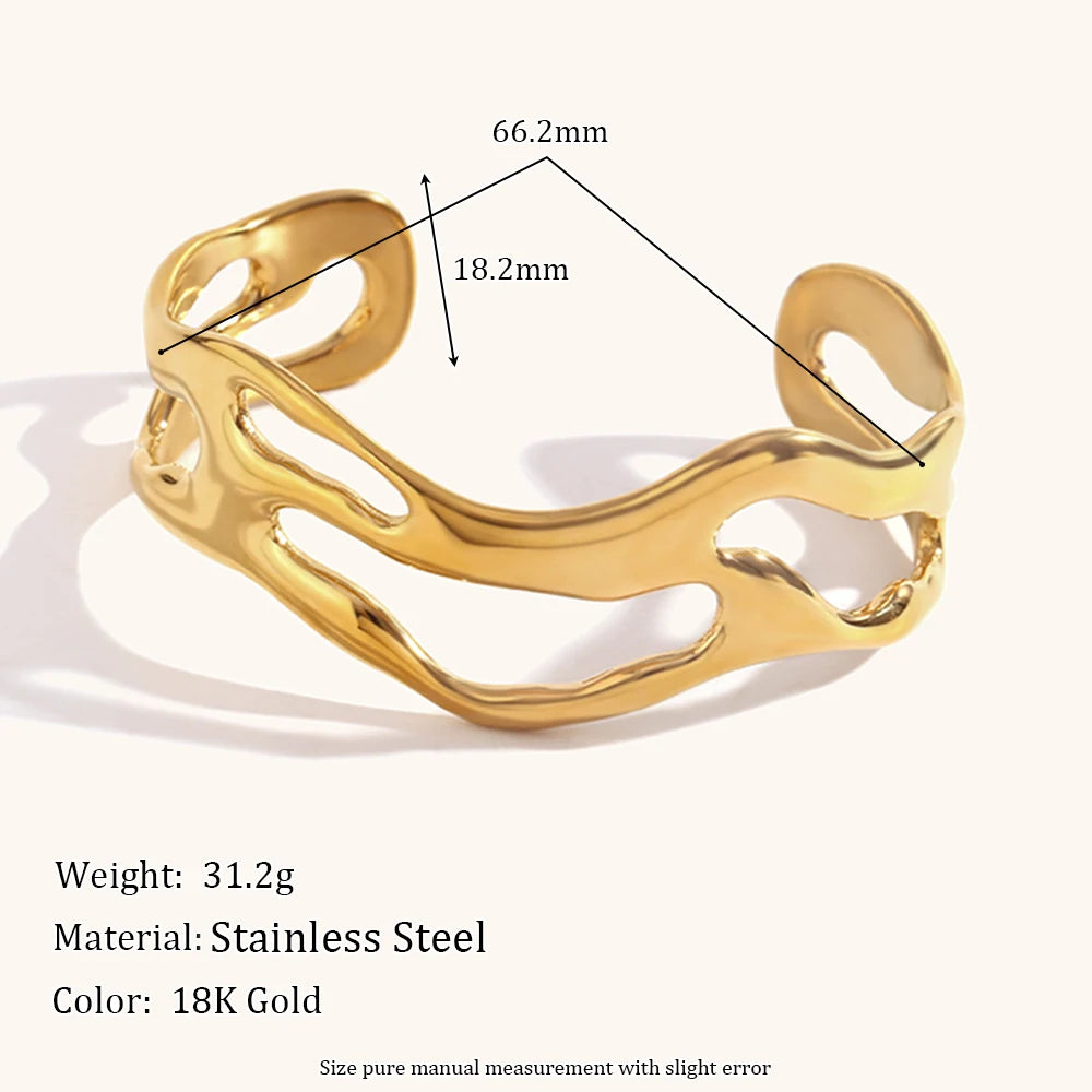 18K Gold Wave Open Cuff Bracelet Waterproof 316L Stainless Steel
