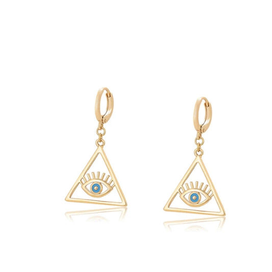 18k Gold Plated Triangle Evil Eye Hoop Drop Earrings