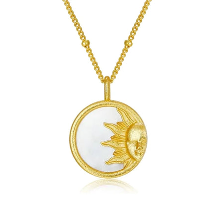 White Mother of Pearl, Silver Gold Plated Round Disc Pendant Sun and Moon Necklace