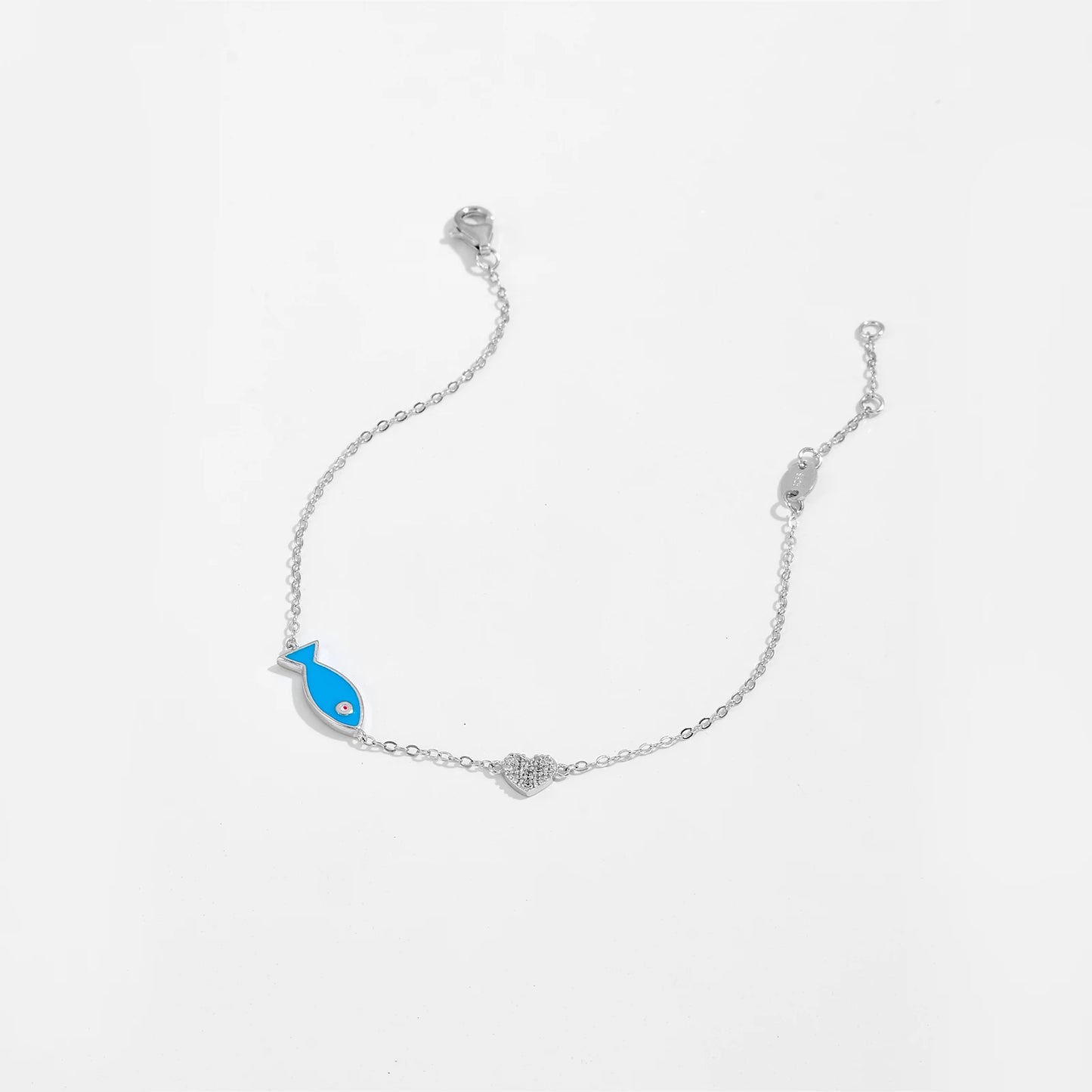 925 Sterling Silver Blue Fish Heart Chain Bracelet – 18K Gold Plated Punk Jewelry with Zircon