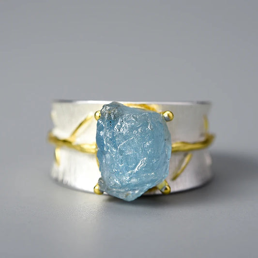 Silver Leaves Natural Aquamarine Gemstone Adjustable Rings