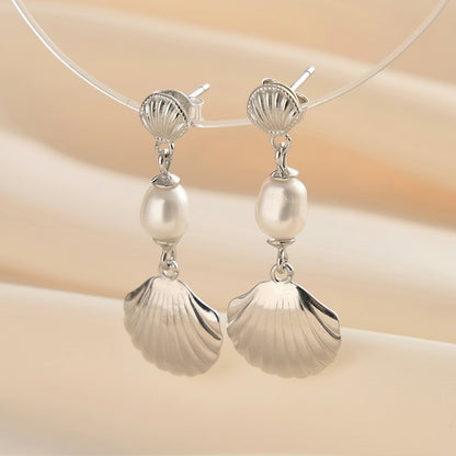 14K Gold Plated 925 Sterling Silver Freshwater Pearl Beach Wave Dangle Earrings