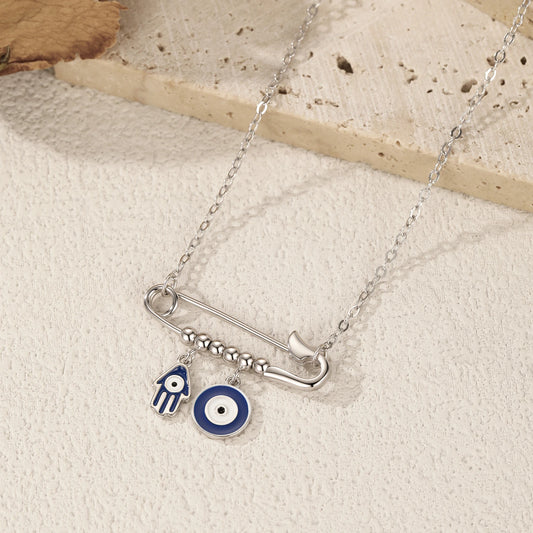 Silver Blue Enamel Eyes & Palm Charms Pendant Necklace