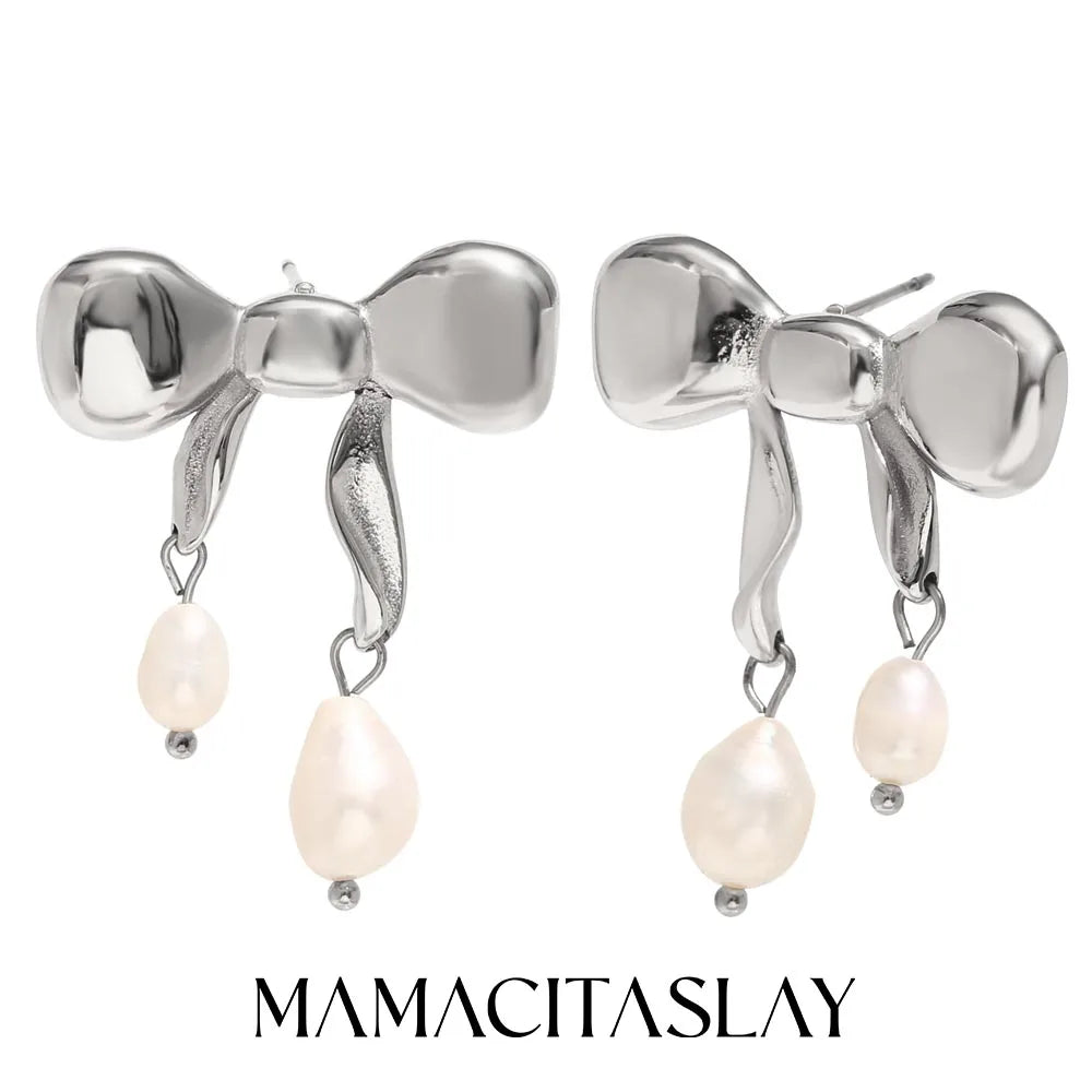 Elegant 18K Gold Plated Waterproof Stainless Steel Bow Pearl Earrings