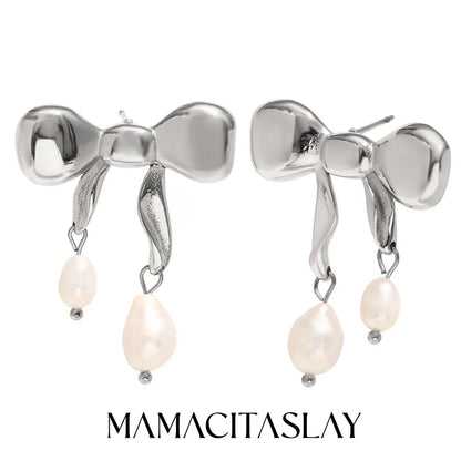 Elegant 18K Gold Plated Waterproof Stainless Steel Bow Pearl Earrings