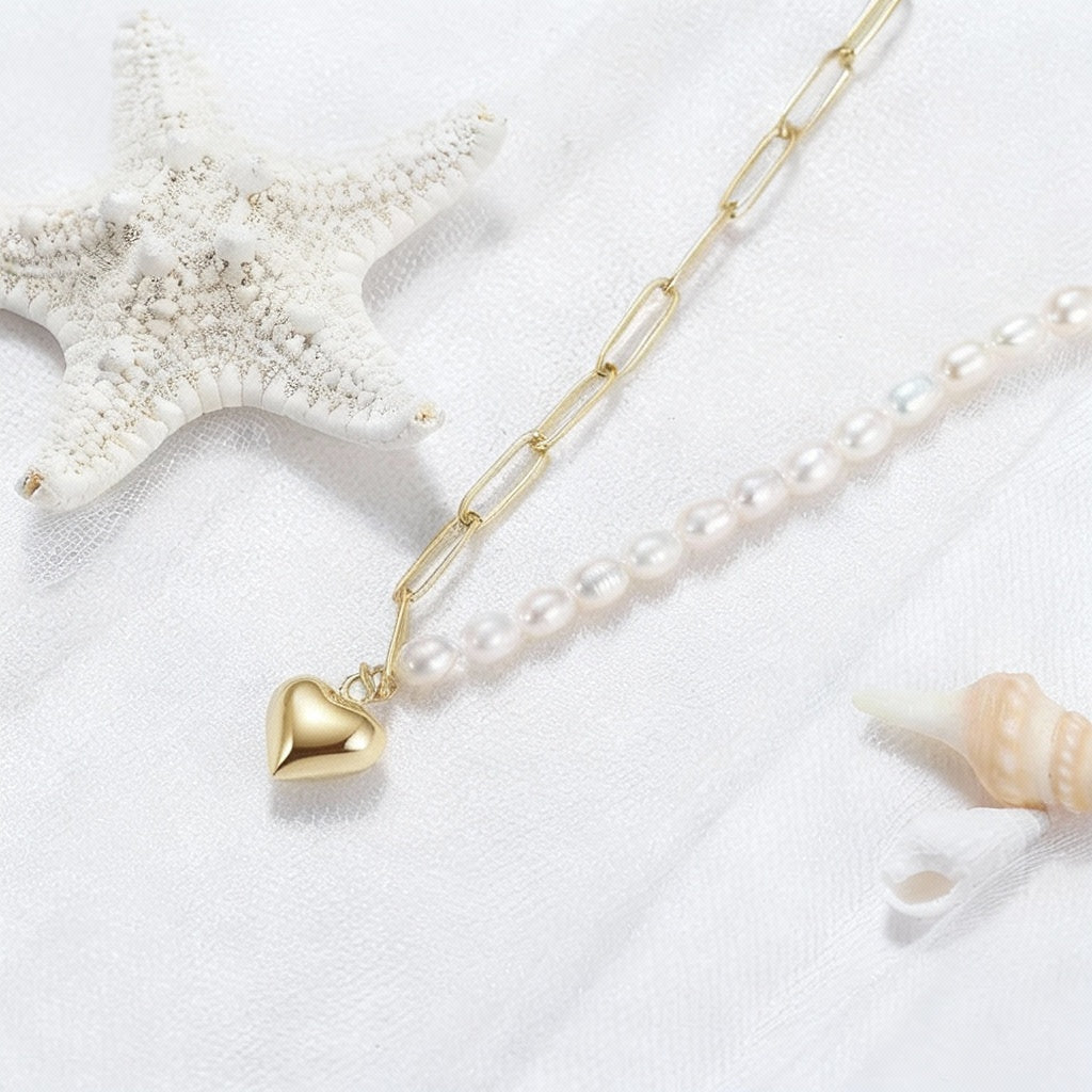 14K Gold Natural Pearl Necklace with Half Paperclip Link Chain Heart Pendant