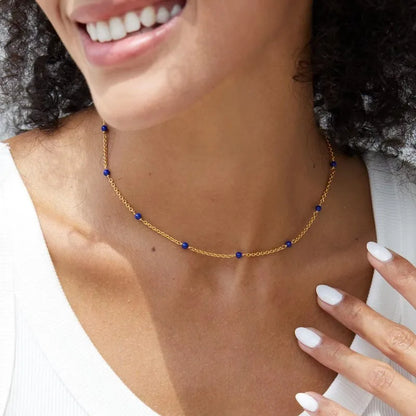 Silver Gold Plated Lapis Lazuli Beaded Station, Trendy Stack Chokers Necklace