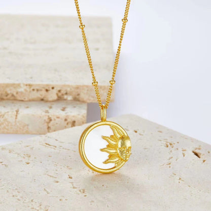 White Mother of Pearl, Silver Gold Plated Round Disc Pendant Sun and Moon Necklace