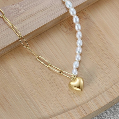 14K Gold Natural Pearl Necklace with Half Paperclip Link Chain Heart Pendant