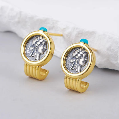 Silver Two Tone Double Sided Relief Portrait Stud Earrings