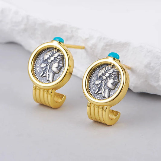 Silver Two Tone Double Sided Relief Portrait Stud Earrings