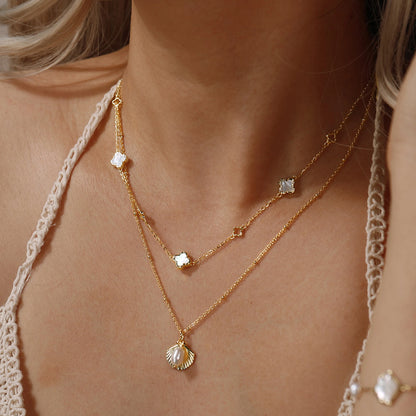 Silver Choker Necklace With Four Leaf Clover Shell Ornament Summer Style