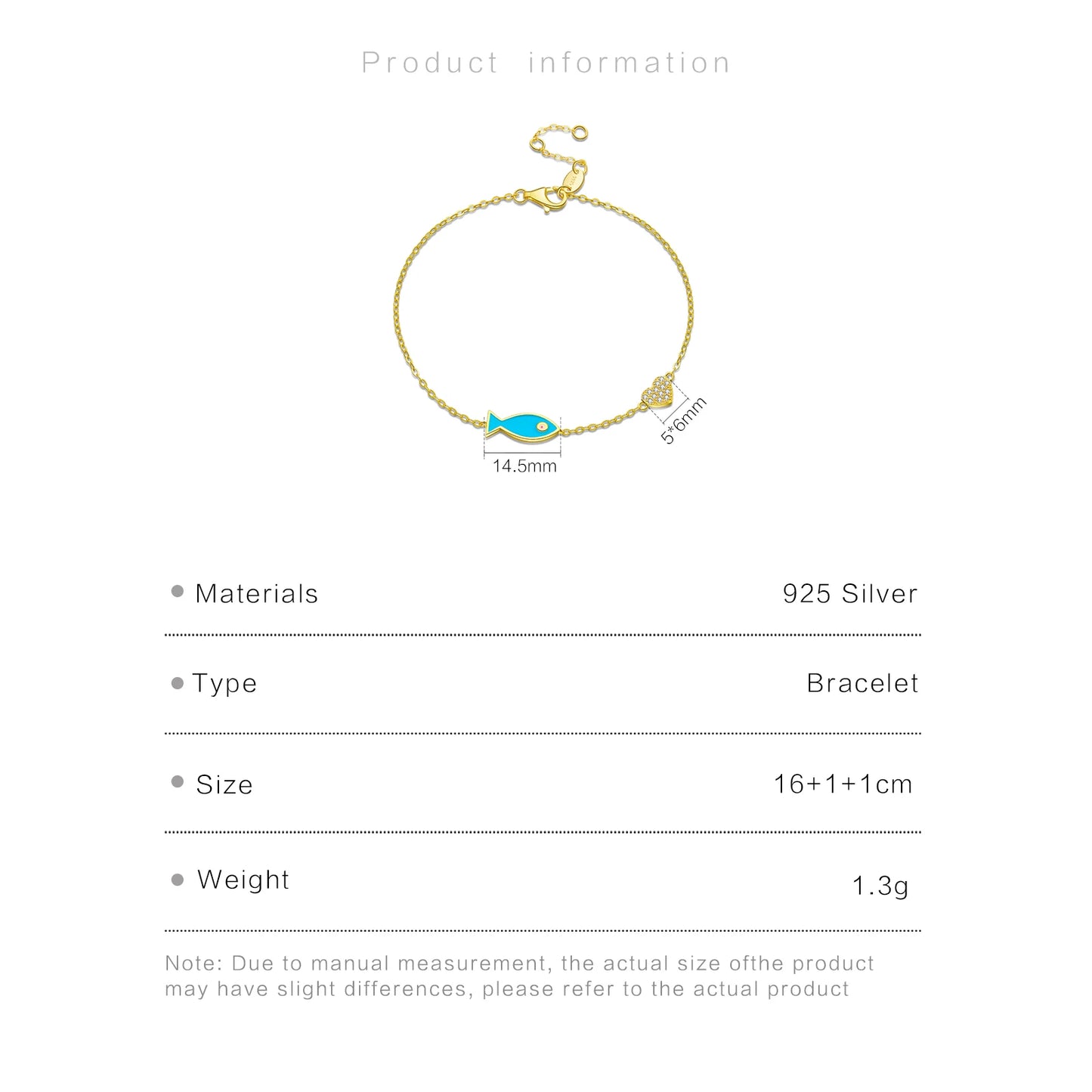 925 Sterling Silver Blue Fish Heart Chain Bracelet – 18K Gold Plated Punk Jewelry with Zircon