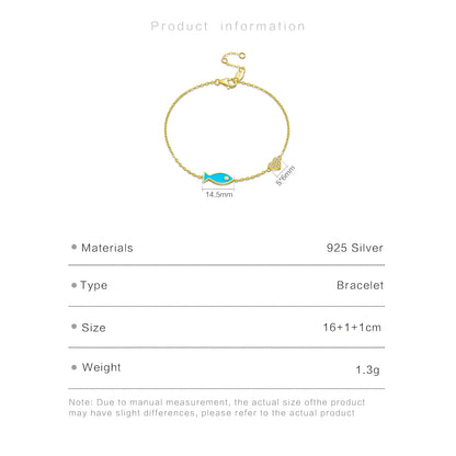 925 Sterling Silver Blue Fish Heart Chain Bracelet – 18K Gold Plated Punk Jewelry with Zircon
