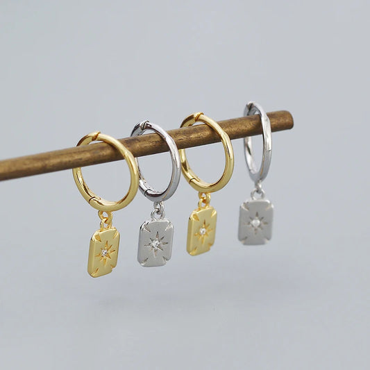 925 Sterling Silver Needle Square Vintage Geometric Pendant Earrings