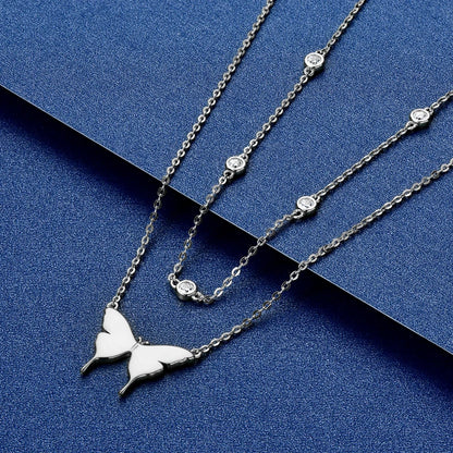Silver Double Layer Butterfly Moissanite Pendant Necklace