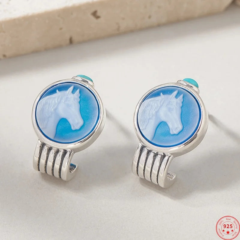 Silver Blue Agate Little White Horse Ear Studs