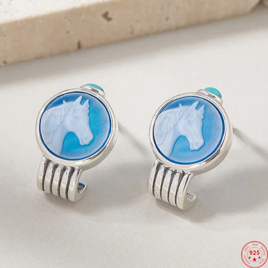 Silver Blue Agate Little White Horse Ear Studs