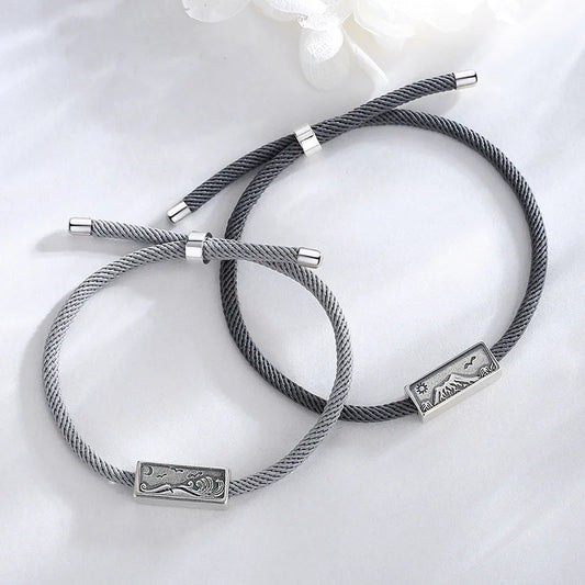 Silver Mountain and Water Couple Bracelet Set