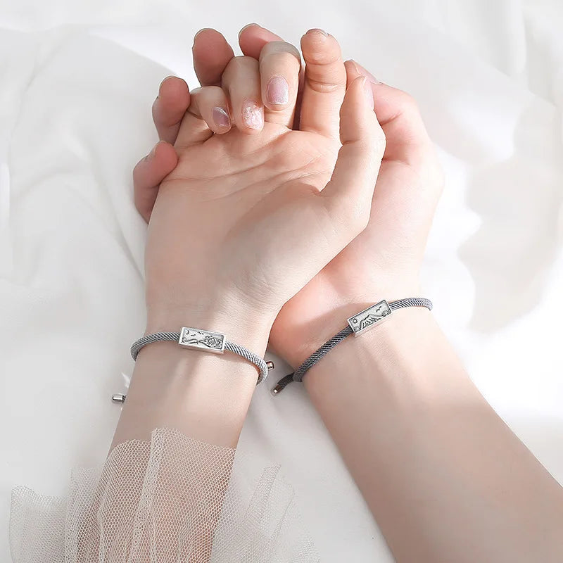 Silver Mountain and Water Couple Bracelet Set