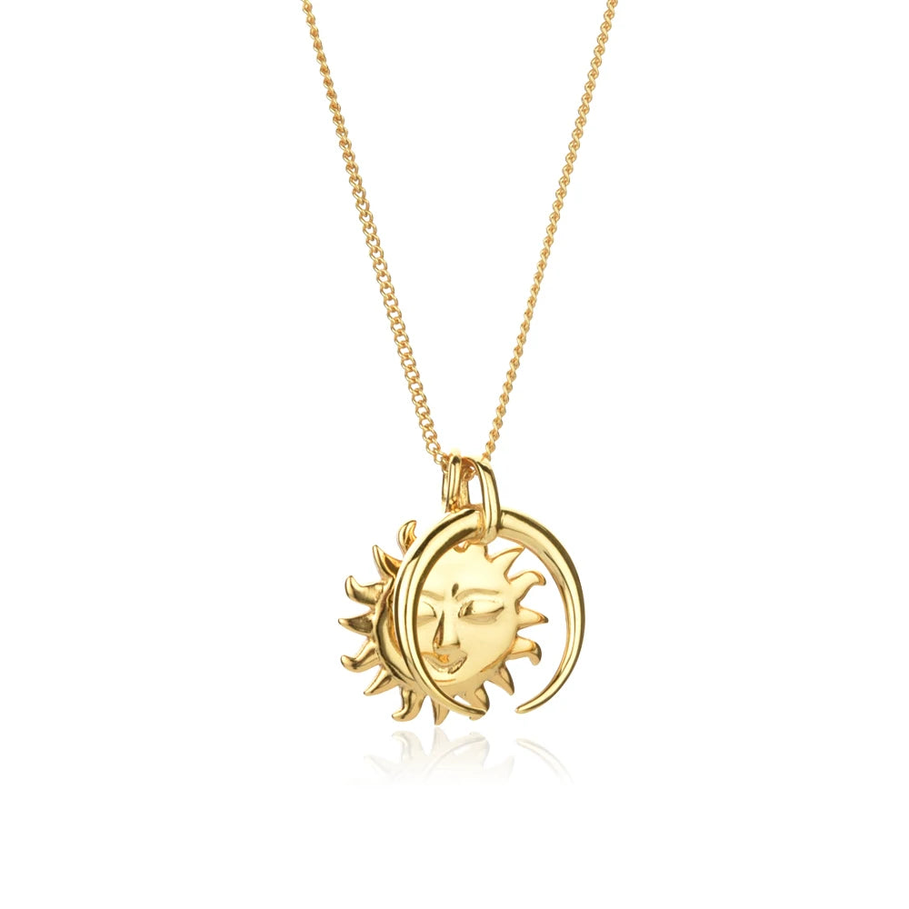 925 Sterling Silver Big Moon & Sun Flower Pendant Necklace – 18K Gold Plated