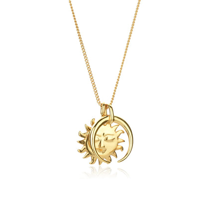 925 Sterling Silver Big Moon & Sun Flower Pendant Necklace – 18K Gold Plated