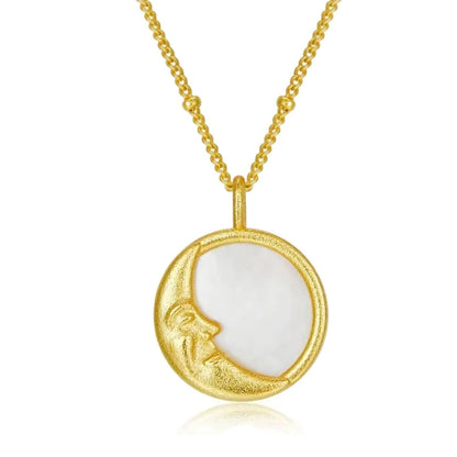 White Mother of Pearl, Silver Gold Plated Round Disc Pendant Sun and Moon Necklace
