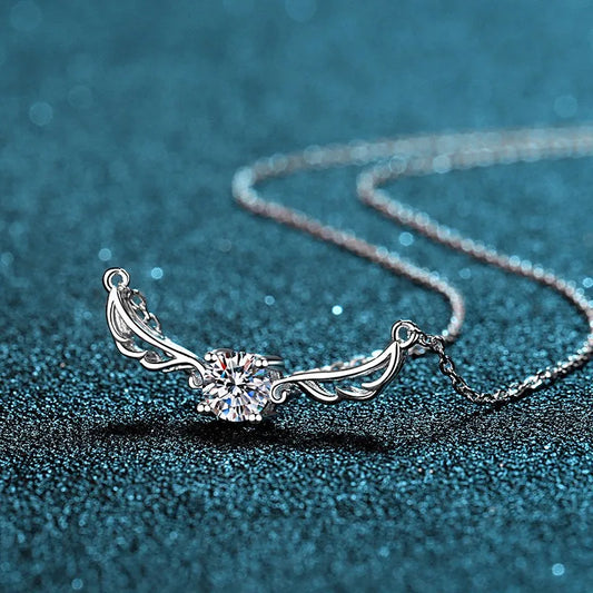 Silver Moissanite Diamond-set Angle Wing Necklace