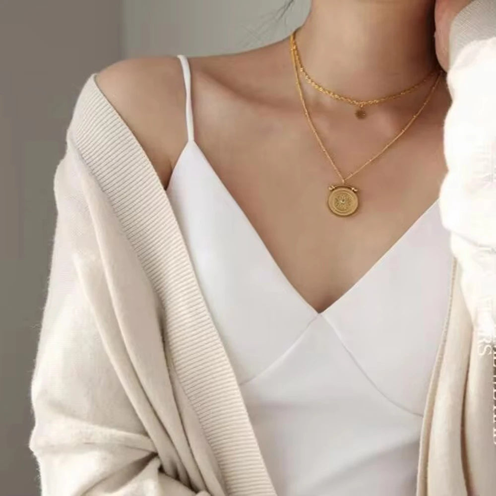 Vintage Double-Layer Baroque Necklace – 18K Gold Plated Stainless Steel with Flower Texture & Coin Pendant