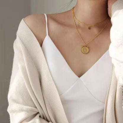 Vintage Double-Layer Baroque Necklace – 18K Gold Plated Stainless Steel with Flower Texture & Coin Pendant