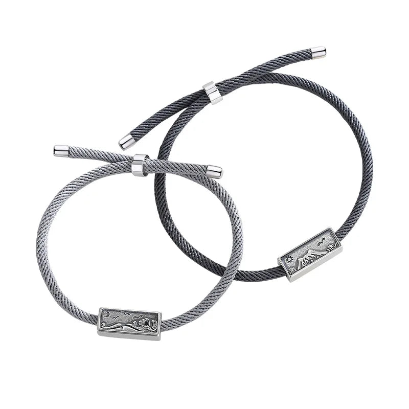 Silver Mountain and Water Couple Bracelet Set