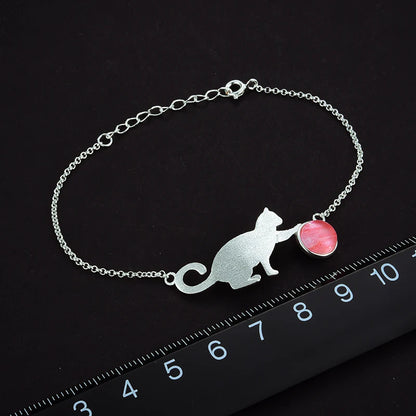 Silver Natural Aquamarine Playing Cat Bracelet