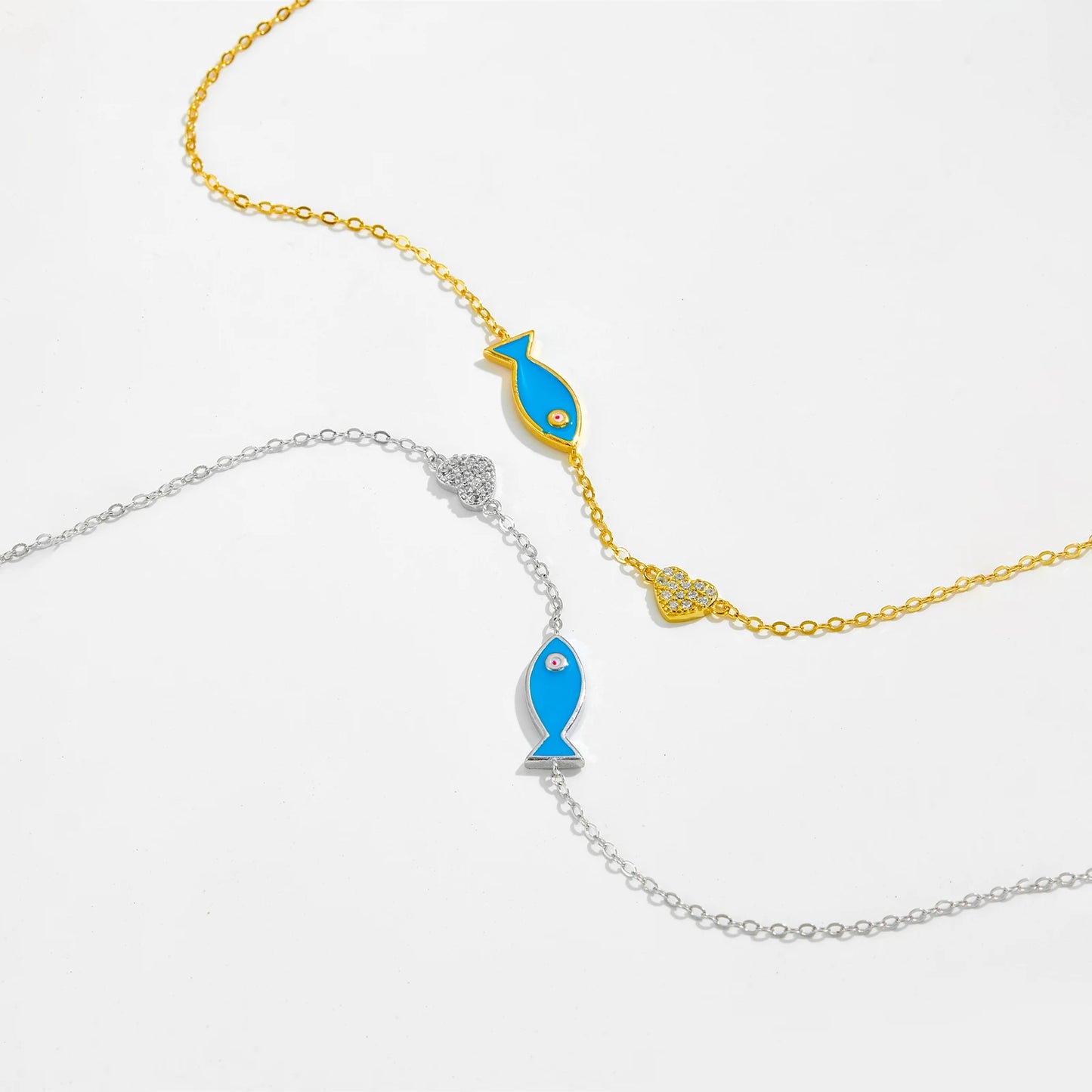 925 Sterling Silver Blue Fish Heart Chain Bracelet – 18K Gold Plated Punk Jewelry with Zircon